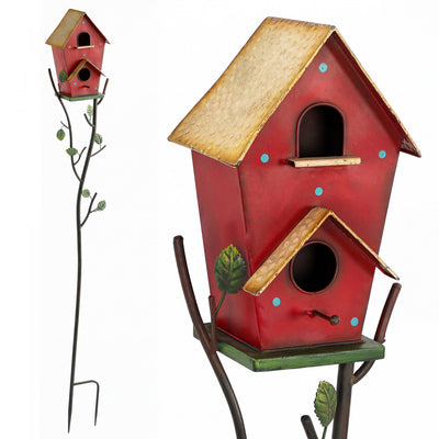 Outsunny Outdoor Bird House with Pole, 57" Metal Birdhouse Decor, Red