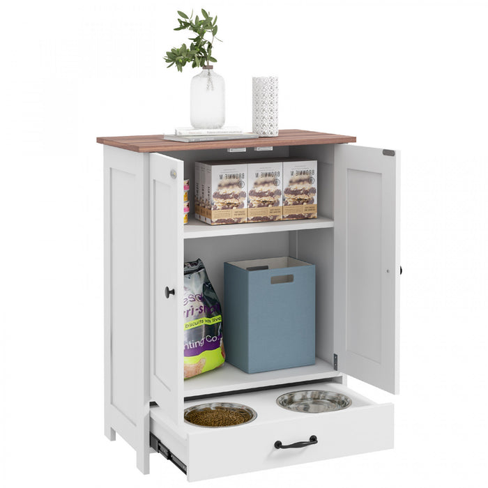Pawhut Station D'alimentation Pour Chien, Recipient De Stockage De Nourriture Pour Animaux De Compagnie Avec Bols Sureleves Caches, Panneau Reglable, Crochets, Pour Chiens De Taille Moyenne, Blanc