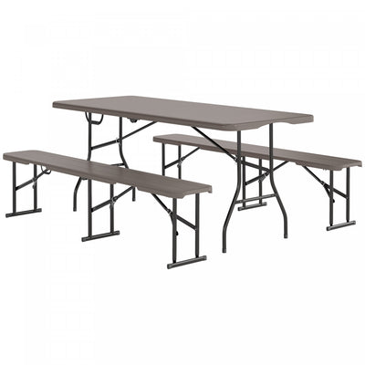 Outsunny 6FT 3-Piece Faux Rattan Folding Picnic Table w/ 2 Benches, Brown