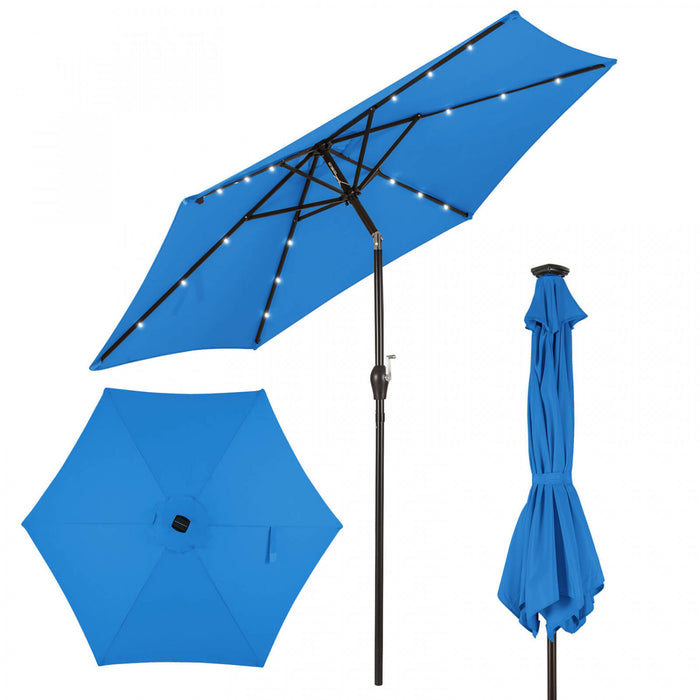 Costway Parasol solaire de patio 9FT avec LED, acier, inclinaison avec manivelle, bleu