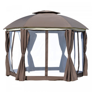 Outsunny Tonnelle Ronde De 12' X 12', Auvent De Terrasse En Forme De Dome Avec Double Toit, Parois Laterales En Filet Et Rideaux, Portes A Fermeture Eclair, Cadre En Acier Solide, Marron