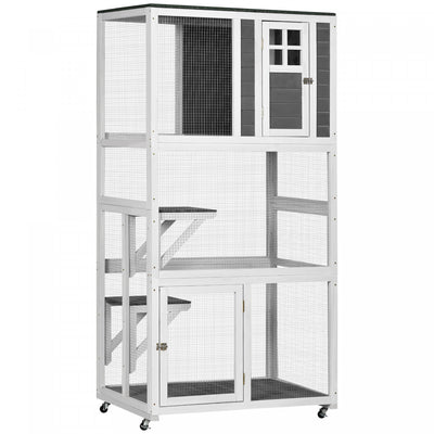 Pawhut 74" Wooden Outdoor Cat House Weatherproof & Wheeled, Catio Outdoor Cat Enclosure With High We|Pawhut Maison Pour Chat D'exterieur Avec Roulettes, Grande Enceinte En Bois De 91,4 Cm De Long Avec