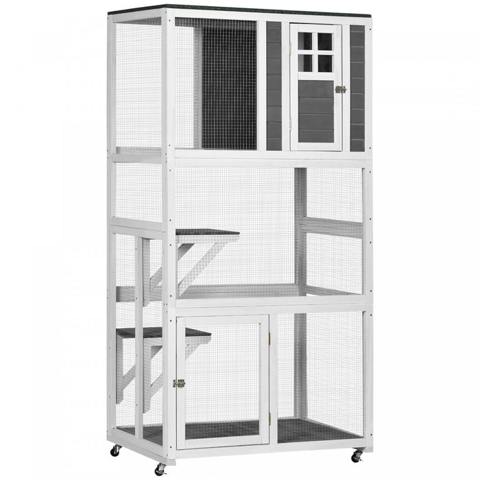 Pawhut Maison Pour Chat D'exterieur Avec Roulettes, Grande Enceinte En Bois De 91,4 Cm De Long Avec 2 Plates-formes, Toit En Asphalte, Portes Verrouillables, Condo De Repos