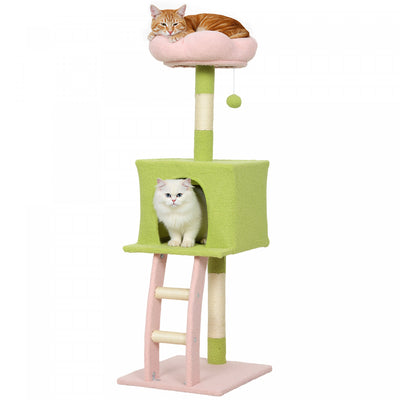 PawHut Flower Cat Tree, 48" Cat Tower for Indoor Large Kitty with Scratching Post, Cozy Bed, Condo, Climbing Ladder, Perch, Dangling Ball, Multi-Level Kitten Activity Center