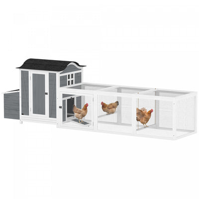PawHut 118"L Chicken Coop, Large Wooden Hen House with Run, Pull-Out Tray, Waterproof Roof, Nesting Box, Swing, Roosting Bars, Outdoor Chicken House for 3-4 Hens, Light Grey