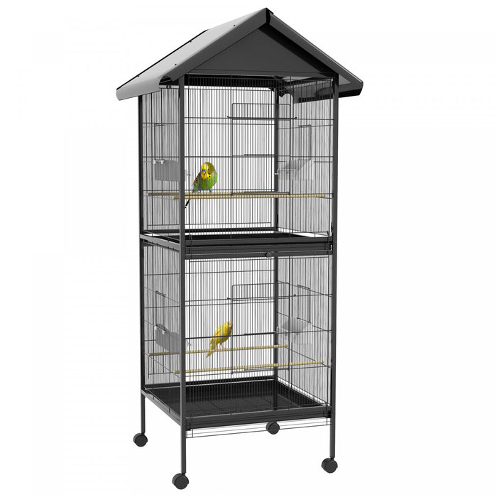 Pawhut Cage A Oiseaux En Metal Forge Avec Support Roulant, Conteneurs Alimentaires Portes Roues 67\" H, Noir