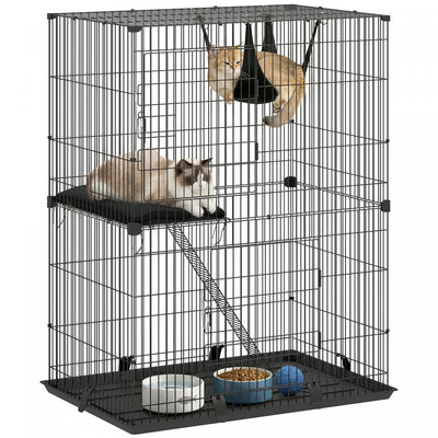 PawHut 2-Tier Cat Cage Indoor, Detachable Metal Wire Kennel with 2 Lockable Doors, Hammock, Ladder, Platform, Bottom Tray and Cushion for 1-2 Kittens, Black
