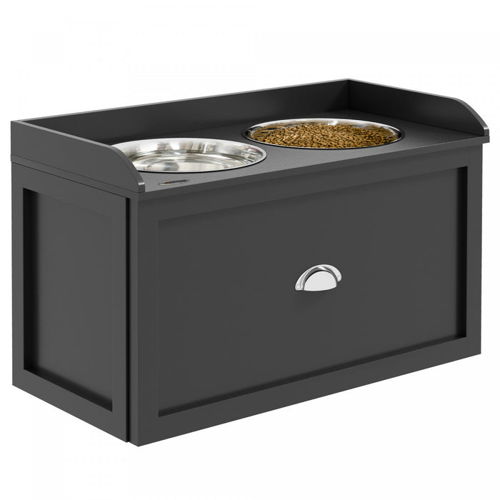 Pawhut Gamelles Surelevees Pour Grands Chiens, Station D'alimentation Surelevee Pour Animaux Avec 2 Gamelles En Acier Inoxydable, Tiroir De Rangement Cache, Noir