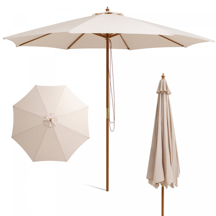 Parasol de marche de patio en bois de 10 pieds avec poulie et 8 baleines en bambou, toile d'ombrage