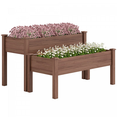Outsunny 2 Tier Raised Garden Bed, Wooden Elevated Planter Box, Carbonised