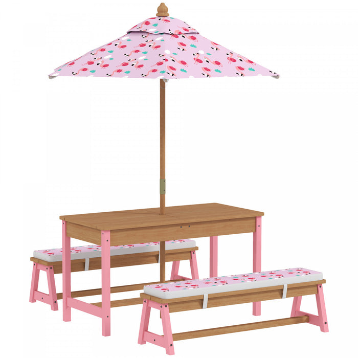 Qaba Table de Pique-Nique Enfant, Ensemble Exterieur en Bois avec Parasol Rose