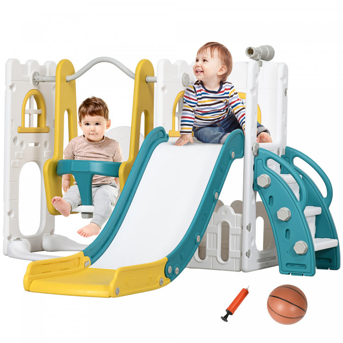Qaba Ensemble Toboggan Et Balancoire 6 En 1 Avec Panier De Basket, Grimpeur, Balancoire Pour Bebe, Aire De Jeux Interieure Avec Espace De Rangement, Pour Les 1 A 3 Ans, Jaune