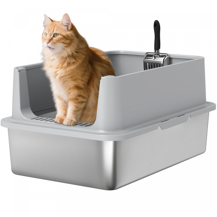 Xl Stainless Steel Cat Litter Box With High Wall Side, Scoop