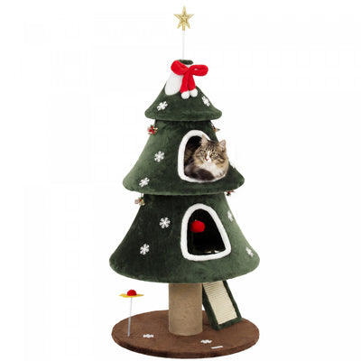 PawHut 52" Christmas Cat Tree, 2-Tier Cat Tower with Dual Condos, Scratching Posts, Sisal Ladder, Anti-Tip Rope, Hanging Balls, Kitten Furniture for Indoor Cats, Green