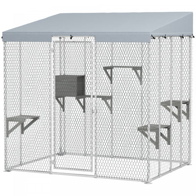 Pawhut Catio Outdoor Cat Enclosure Large, 79" L Galvanized Steel Outdoor Cat House With 420d Waterproof Canopy, Multiple Platforms, Resting Condo, Lockable Door, For 1-3 Large Cats