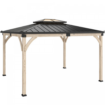 Outsunny 12' x 14' Hardtop Wood Gazebo Canopy, Double Roof Outdoor Gazebo