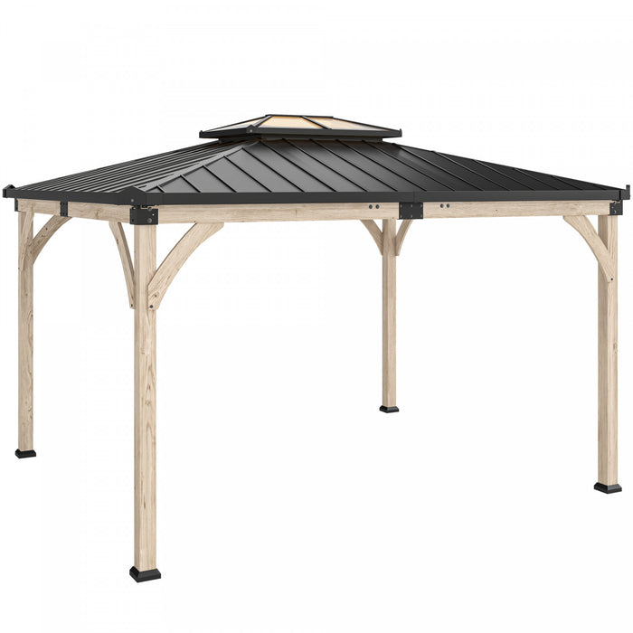Outsunny Gazebo 3,66 m x 4,27 m en bois avec toit rigide double, pavillon exterieur