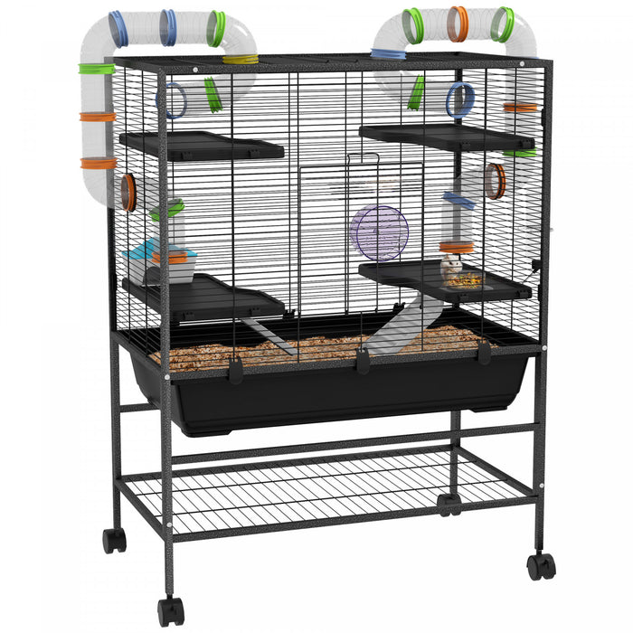 Pawhut Cage A Hamster 43\", Cage A Rats Roulants Pour Petits Animaux Avec Systeme De Tube Tunnel, Roue D'exercice, Plat De Nourriture, Bouteille D'eau, Rampe, Pour Hamsters Syriens