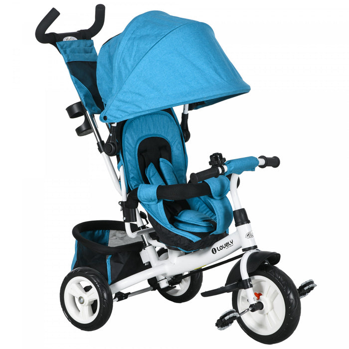 Qaba Tricycle 4 En 1 Pour Tout-petits, Tricycle Pour Enfants Avec Auvent Pliable, Poignee Et Housse Amovibles, Panier De Rangement, Ceinture De Securite A 5 Points, Pour Enfant De 1 A 5 Ans, Bleu