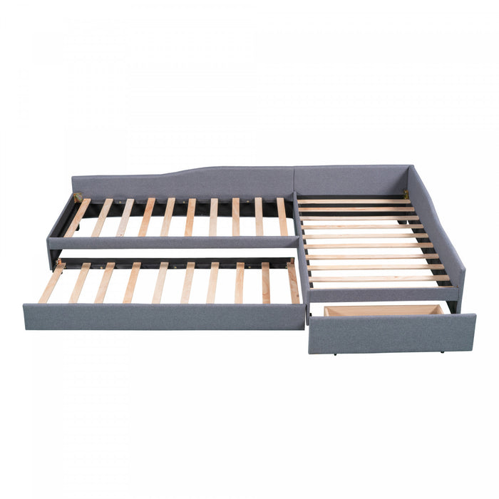 Tyler – Lit De Jour Rembourre En Tissu Aspect Lin Avec Lit Gigogne Et Rangement, Format Simple, Gris