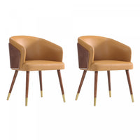 Chaise de salle a manger moderne en bois et cuir vegetalien Reeva couleur camel - Lot de 2
