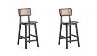 Tabouret de comptoir industriel chic Versailles avec dossier en cannage, bois noir et naturel - Lot de 2