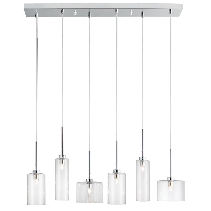 Luminaire suspendu horizontal Industrial Chic de Dainolite en verre transparent, avec fini chromé poli et 6 ampoules