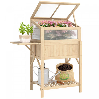 Outsunny Raised Garden Bed Planter with Cold Frame, Folding Table, Natural