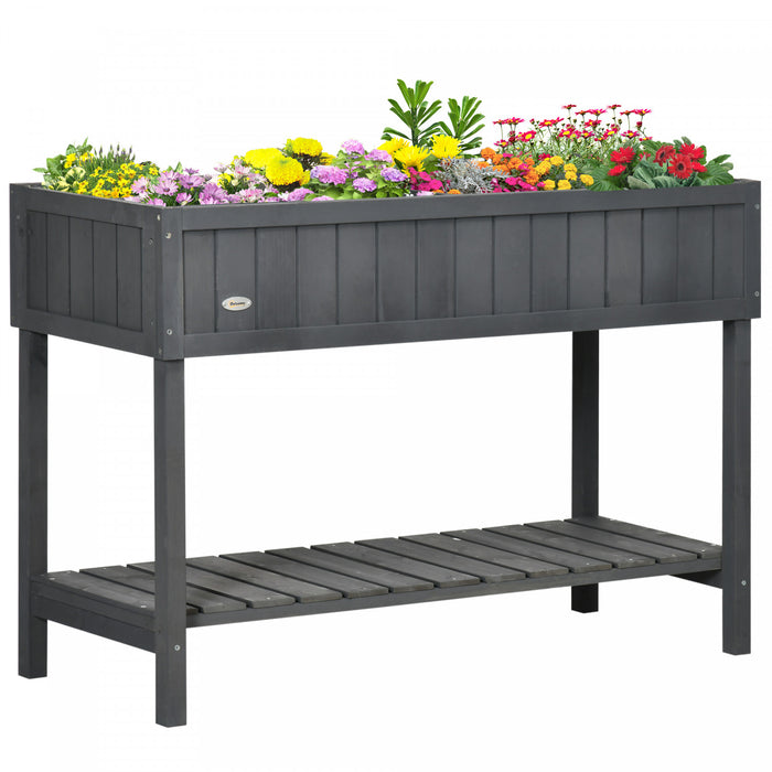 Outsunny 43.25\" X 18\" X 30\" Stand De Plantes De Jardin En Bois Eleve Lit De Fleurs Sureleve Exterieur Boite A Grille 8 Avec Rangement Etagere Jardin Planteur D'herbes Gris Fonce