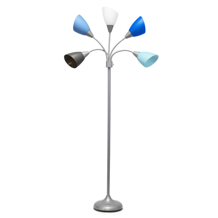 Skye Lampadaire a 5 lumieres avec cols de cygne reglables, Bleu multicolore, Blanc et Argent, 67 po H