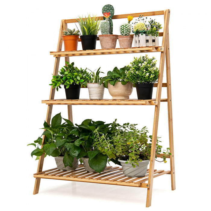 Support De Plantes De Marque Costway Echelle Pliable En Bambou Sur 3 Niveaux Presentoir/support Pour Pots De Fleur Naturel