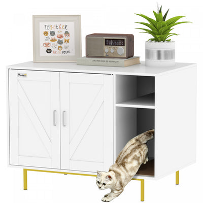 Pawhut Cat Litter Box Enclosure, Litter Box Furniture With Scratching Pad, 2-door Storage Cabinet, Indoor Cat House For Living Room, Bedroom, 31.5" X 20" X 24", White