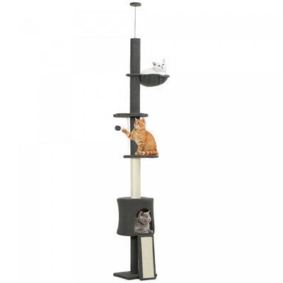 PawHut Floor to Ceiling Cat Tree, 5-Tier Cat Tower Adjustable Height 87"-94.5" with Sisal Scratching Post, Condo, Hammock, Ramp, Climbing Activity Center for Indoor, Dark Grey