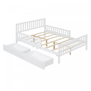 Emma – Lit Plateforme en Bois avec Barrieres de Protection et Tiroirs de Rangement, Format Double - Blanc
