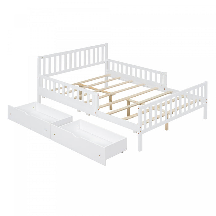 Emma – Lit Plateforme en Bois avec Barrieres de Protection et Tiroirs de Rangement, Format Double - Blanc