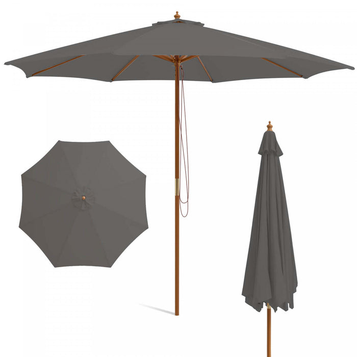 Parasol de marche en bois Costway 10 pieds avec poulie et 8 baleines en bambou, tissu d'ombrage gris