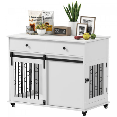 PawHut Dog Crate Furniture, 39" Dog Kennel Indoor with 2 Storage Drawers, Wheels, Sliding Door, Decorative End Side Table Pet House Cage for Medium and Large Breeds, White