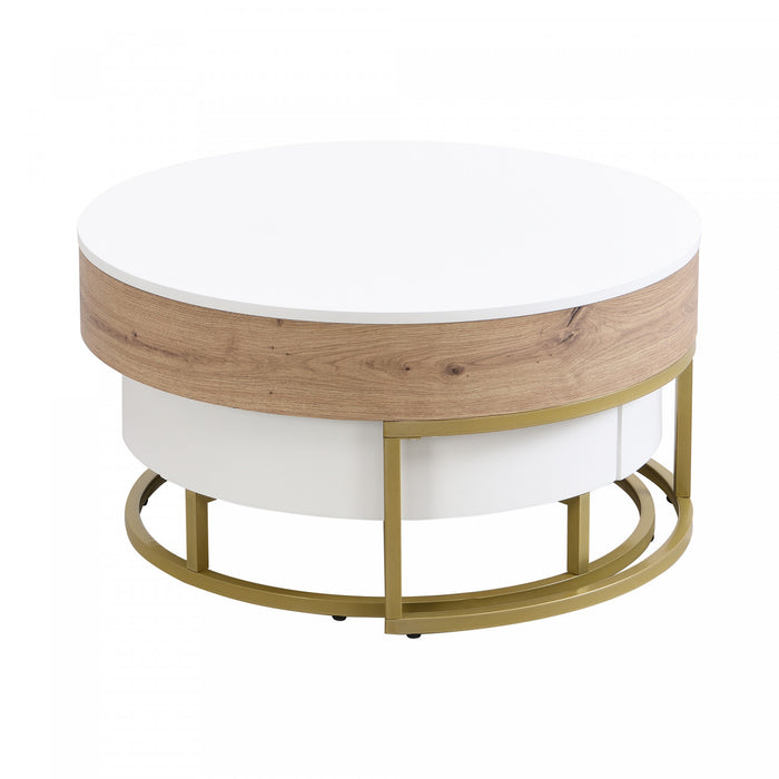 Table Basse Gigogne Ronde Sherry De 31,5\" En Bois Composite Avec Plateau Relevable Et Tiroirs, Blanche