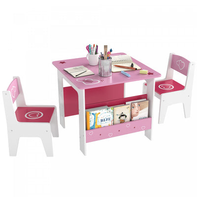 Qaba 3 Pieces Kids Table and Chair Set, Toddler Table and 2 Chairs Set with Bookshelves, Heart Themed Kids Activity Desk for Classroom, Home, Nursery, Playroom, for Read, Draw, Art