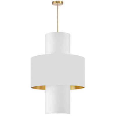 Dainolite Patrona 4 Light Pendant Aged Brass White/Gold/White Shades Lamp|Luminaire suspendu Patrona de Dainolite avec abat-jour blanc et doré, fini laiton vieilli et 4 ampoules