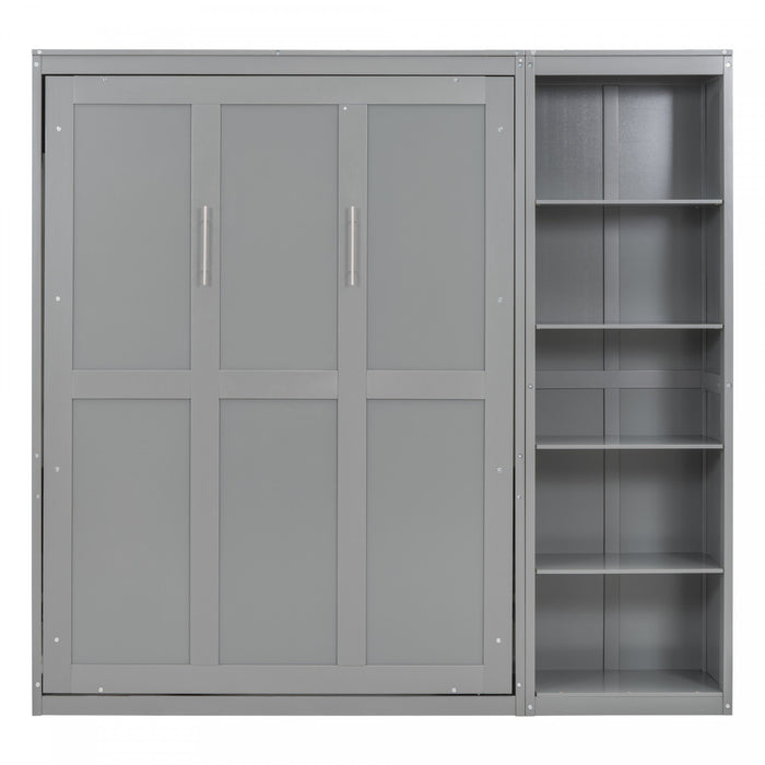 Lit Escamotable Double Jocelyn Gain De Place Avec Etageres, Gris