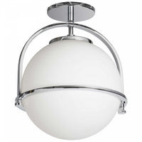 Plafonnier semi-affleuré Paola de Dainolite en verre blanc opale, avec fini chromé poli et 1 ampoule