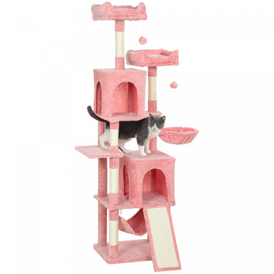 PawHut Cat Tree, 70" Multi-Level Cat Tower for Indoor with 2 Condos, 2 Plush Top Perches, Hammock, Platforms, Toy Balls, Sisal Scratching Posts and Board, Pink
