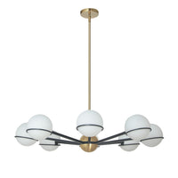 Lustre Sofia de Dainolite en verre blanc opale, avec fini noir mat et laiton vieilli, et 8 ampoules