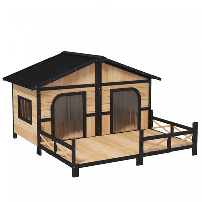 Pawhut 59"x64"x39" Wood Dog House Outdoor Cabin-style Elevated Pet Shelter With Porch Deck, Beige|Pawhut Grande Niche En Bois Pour Chien, Chenil Pour Chien Sureleve Pour Animaux De Compagnie, Abri P