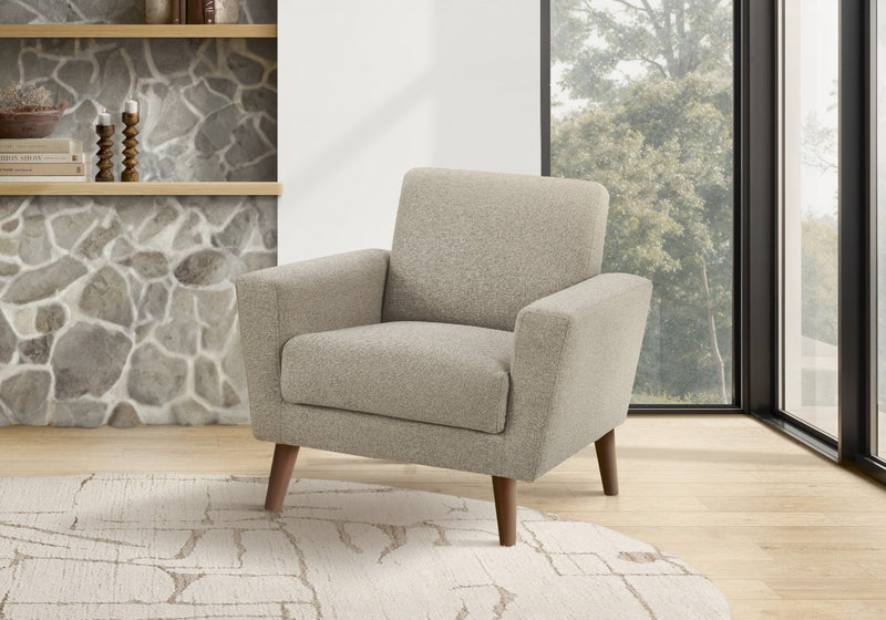 Chaise D'Appoint Rembourre, 34\"L, Tissu Marron Clair, Pieds En Bois De Noyer, Mid-Century