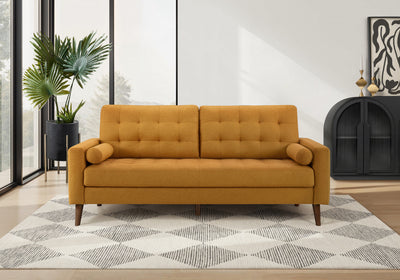 Upholstered Sofa, 75"L, Decorative Pillows, Solid Wood Legs, Orange Fabric, Mid-Century Sofa | Sofa Rembourre, 75"L, Coussins Decoratifs, Pieds En Bois Massif, Tissu Orange, Mid-Century