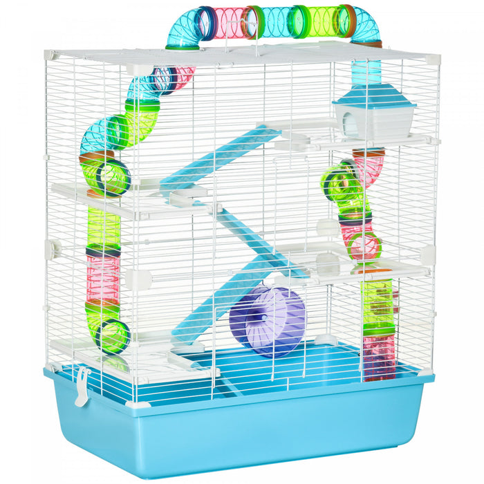 Pawhut Grande Cage Pour Hamster De 58,4 Cm, Maison Pour Petits Animaux, Refuge Pour Gerbilles A 5 Niveaux, Systeme De Tube Tunnel, Avec Bouteille D'eau, Roue D'exercice, Plat De Nourriture, Rampes