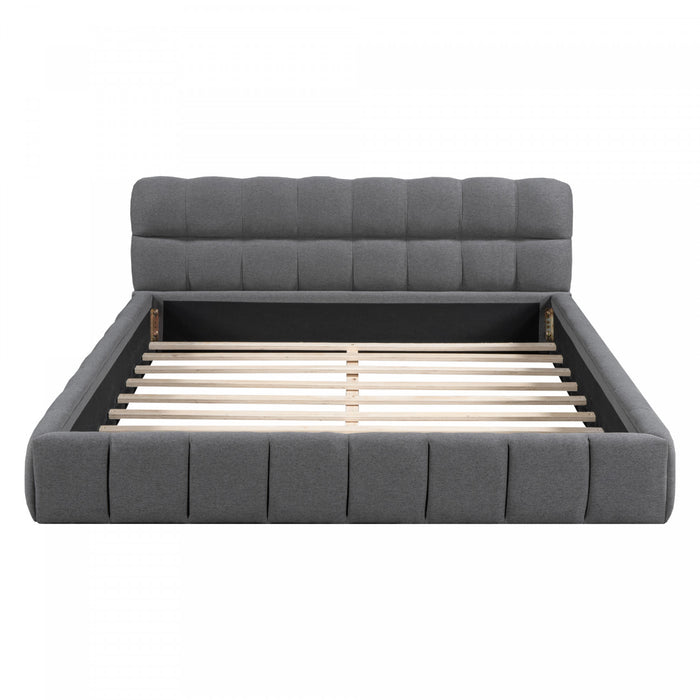 Lit plateforme rembourre Jessica avec tissu en lin confortable et cadre robuste, taille Queen, gris
