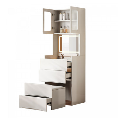 Emily 3-in-1 Vanity Table Set with LED Mirror and Storage,White Mirror Cabinet  | Emily Ensemble de coiffeuse 3-en-1 avec miroir LED et rangement, Blanc